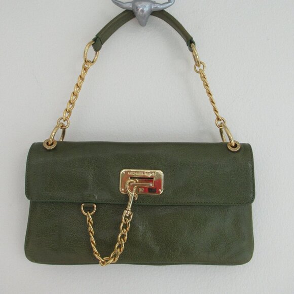 Michael Kors Genuine Leather Rectangular Medium Sz Shoulder Bag Green Gold *Flaw - Picture 1 of 15
